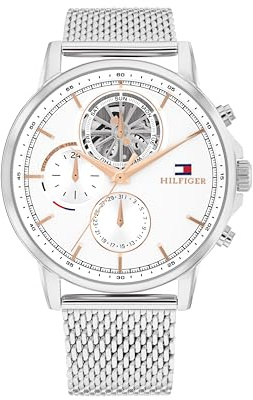 Tommy Hilfiger Montre Analogique Multifunction à Quartz pour Homme avec Bracelet Milanais en Acier Inoxydable Argenté - 1710682