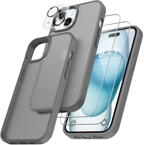 FLLAO 4 in 1 für iPhone 15 Hülle, Grau | 2 Schutzfolie und 1 KameraSchutz, Integriertes Luftkissen, Stoßfest Kratzfest Weich TPU Handyhülle, Transparent Schutzhülle
