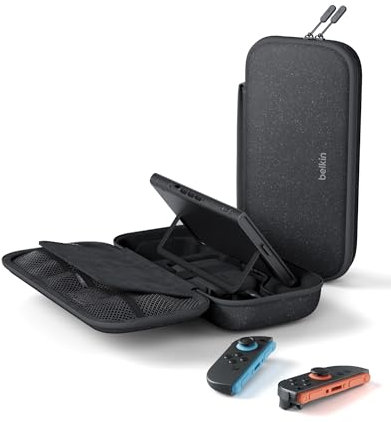 Belkin Gaming Funda para Nintendo Switch 2 con Batería Externa extraíble de 10000mAh, Pantalla LCD, Carga rápida 20 W para Nintendo Switch 2, Compartimentos para AirTag y Juegos físicos Carbón