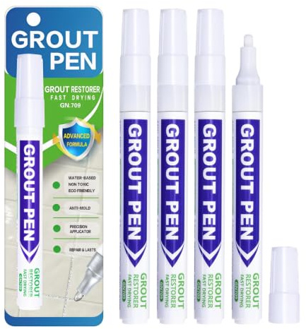 4Pcs White Grout Pen for Tiles Bathroom Paint Marker Grouting Whitener | Waterproof Grouting Pen Bathroom Tile Joints Repair Restorer Whitening Pens for Restoring Shower Kitchen Discoloured Faded