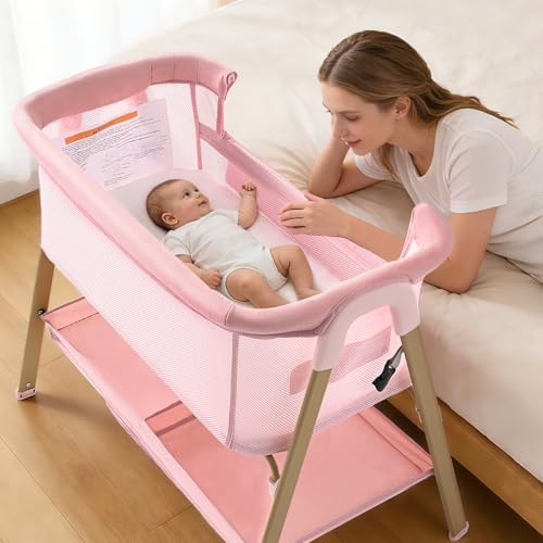 Babybett 3-in-1 Beistellbett mit Matratze für Neugeborene bis 9 kg | Tragbar & Reisebett, Mit Rädern, Moskitonetz inklusive, Stauraum, Ab Geburt