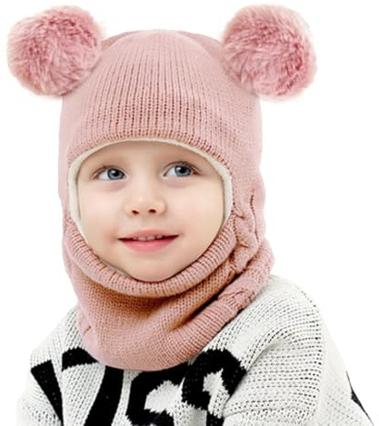 Koerye Kinder Wintermütze Schal 1-6 Jahre Schal Schlupfmütze Strickmütze Kapuze Winter Baby Schlupfmütze Warm Niedlich Schalmütze mit Doppelt Bommel Pom Pom