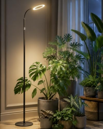 Bamworld Lampada da Coltivazione a LED a Spettro Completo, Lampada da Terra con Altezza Regolabile, 10 Livelli di Luminosità, Timer 3/9/12H, per Piante da Interno