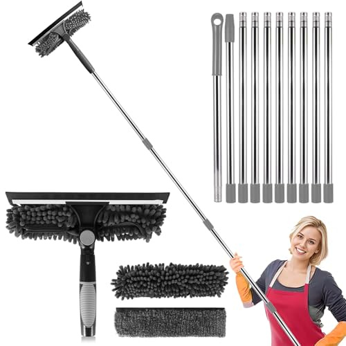 2 in1 Window Cleaning Kit Window Cleaning Equipment | with 10 Extension Pole, 4.25m (14ft) Long Reach Telescopic Window Cleaner Brush Tool with Spare Microfiber Cloth (Gray)