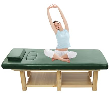 SuhoFutus Massageliege aus Massivholz mit Verstellbarer Rückenlehne 0–45°, ergonomischem Kopf, 400kg Tragkraft, Ablagefach, Kissen, Profi Behandlungsliege für Kosmetik und Spa (Holzfarbe, Grün)