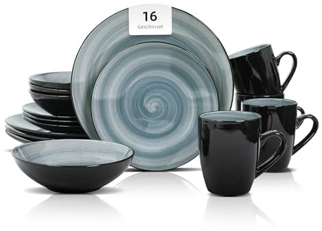 HomeVss Sonoma 16-teiliges Steingut-Essgeschirr-Set, außen schwarz mit schwarzen Sprenkeln (Blau)