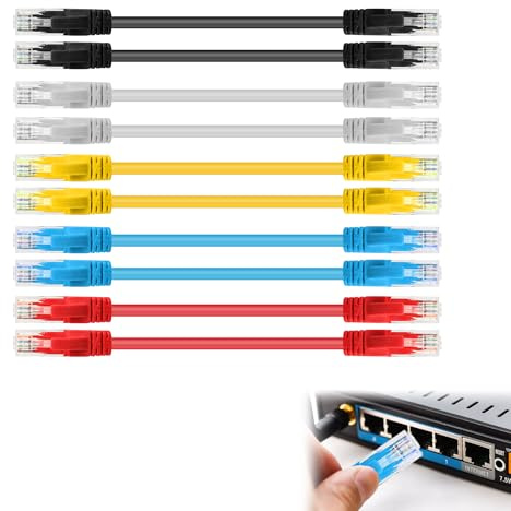 Noenaeni 10Pcs Short Cat6 Patch Cable, 15cm Ethernet Patch Leads, 5 Color | High Speed 1000Mbps Ethernet Network Cables with RJ45 Connectors, for Router Modem Switch Server TV PC