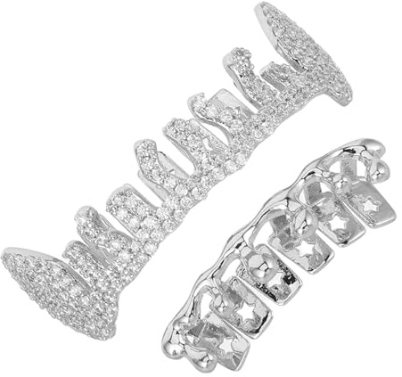 Ipetboom 2stücke Zahnschmuck für Männer und Frauen Metallzahngrill Unregelmäßige Mundaccessoires Fake-grills Zahnschmuck für Cosplay und Kostümpartys Frontzahnkappen