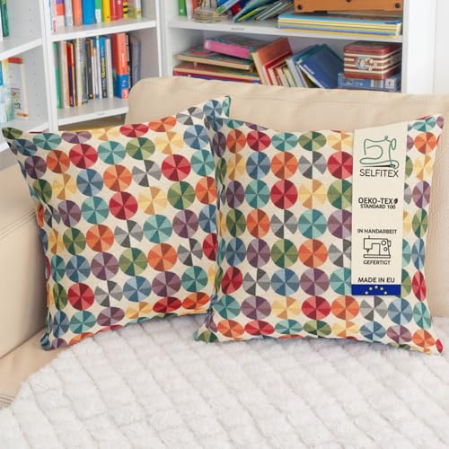 Selfitex 2er Set 50x50 Bunte Sofakissen inkl. Füllkissen, Luxus Sofakissen, farbenfrohes Couchkissen Set, hochwertiger Couchkissen Muster Bezug mit Reißverschluss, Bunte Kissen Deko (Dots)