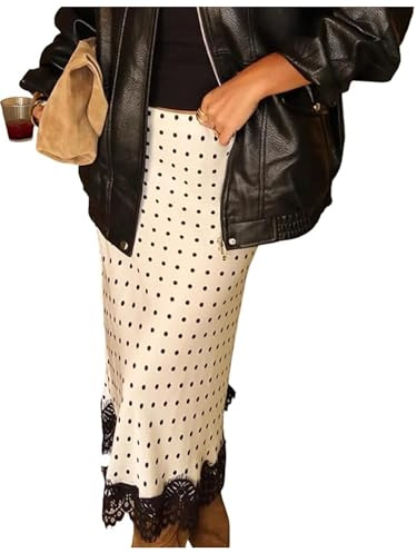 SANSIWU Satin Skirt for Women Elegant Polka Dot High Waist A line Silk Midi Skirts for Casual Business Party (White, S)
