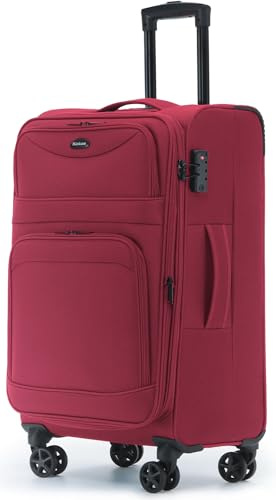 Münicase Stoffkoffer erweiterbar mit Frontfächern,15% Extra-Volumen, TSA-Schloss, 360° Doppelrollen & verdecktem Namensschild (Weinrot, Koffer L (69 cm) erweiterbar)