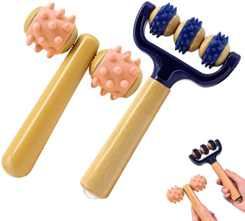 KUIRUNRX® Rouleau de Massage avec Poignées, 2 Pièces Maderotherapie Kit Massage Bois, Balle de Massage Dos pour Soulager les Douleurs Dans les Epaules, le Dos, l'abdomen, les Cuisses