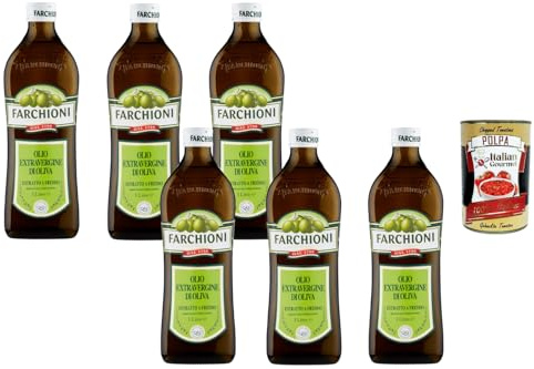 Italian Gourmet Farchioni Huile d’olive extra vierge 6 x 1 L bouteille verre – extrait à froid, goût fruité équilibré, cuisine méditerranéenne, assaisonnement & cuisson + Italian Gourmet Polpa