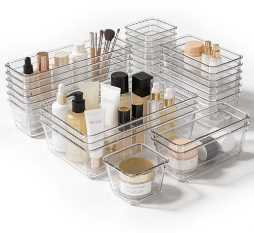 TranRantic 25 Pcs Clear Drawer Organiser, 4-Size Versatile Draw Organisers | Stackable Dresser Storage Bins for Makeup&Stationery&Utensil, Plastic Drawer Dividers for Kitchen, Desk, Vanity, Office