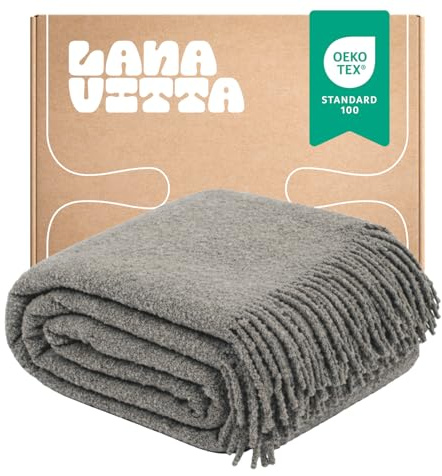 Lanavitta – Bouclé Wolldecke „Lounge“ – Kuschelige Tagesdecke & Plaid – Sofadecke, Couchdecke, Bettüberwurf & Sesseldecke – 25% Wolle, 20% Polyester, 55% Acryl – Cappuccino – 140x200 cm