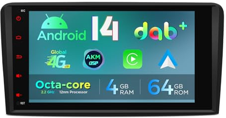 XTRONS 8 4+64GB Android 14 Autoradio mit DAB Plus für Audi A3 8P S3 RS3 | Octa Core IPS Screen Multimedia Autoradio mit Navi 4G LTE Gyroskop-Sensoren CarPlay AKM DSP Bluetooth WLAN Optional OBD TPMS