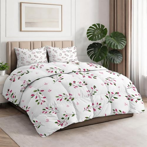 Blumen Bettdecke 135 x 200 cm, Einfach 4 Jahreszeiten Bettdecke Ohne Bezug, Weiche Ganzjahresdecke mit Pflanzen Kleine Blumenmuster Design, Weiß Waschbar Warme Steppdecke mit 2 Kissenbezug 80x80 cm