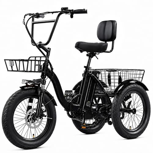 KAKIGO Elektro-Dreirad Für Erwachsene,Fat Tires Elektro-Dreirad,250W Motor,95 Nm,48V 18/10.4Ah Akku,20 Km/h, Vorder-&Hinterkorb,Differenzial,90/50Km Reichweite,Differential