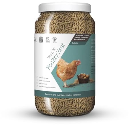 Verm-X Poultry Zest for Recovery After Moulting. Restores and Maintains Condition for Chickens, Ducks, Geese and Turkeys. Vet approved. UFAS assured. Safe to Eat Egg Whilst Feeding, Clear