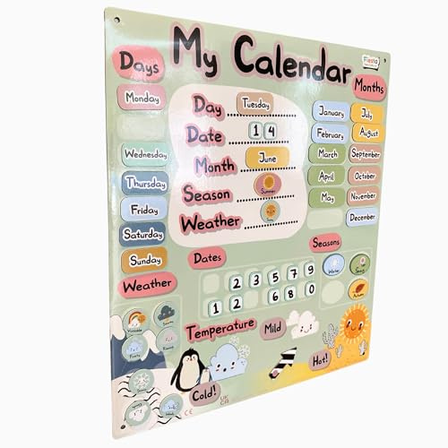 Magnetic Calendar by Fiesta Crafts - Interactive Kids Calendar with Months, Days, Weather, Seasons, & Temperatures - Contemporary Daily Chart for Children - Magnetise To Fridge or Pin to Wall