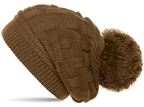 Caspar MU130 Damen Gefütterte Strick Long Beanie mit Zopfmuster und Wollbommel