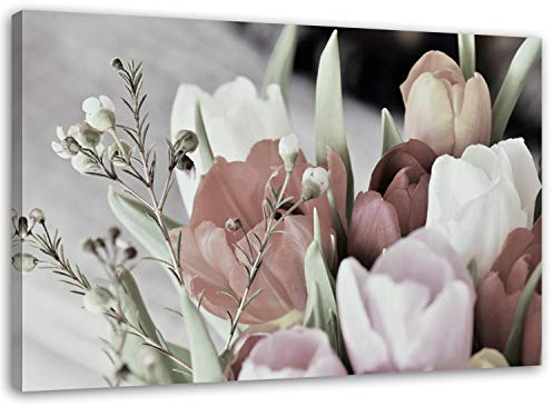 Feeby. Wandbild - 1 Teilig - 60x80 cm, Leinwand Bild Leinwandbilder Bilder Wandbilder Kunstdruck, TULPEN, NATUR, WEIß