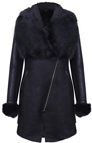 Frauen Schwarz Wildleder Merino Schaffell Leder Mantel Mit Toscana Kragen
