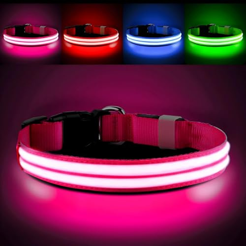 PcEoTllar Light Up Dog Collar - Rechargeable, Waterproof, Adjustable LED Collar for Night - Flashing, Glowing for Small Medium Large Dogs - Pink-M