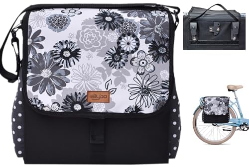 millybo BETSIE Single Fahrradtasche Gepäckträgertasche Gepäckträger Tasche Fahrrad Tasche viele Muster (110.003 Meadow&Dots Black-Grey)