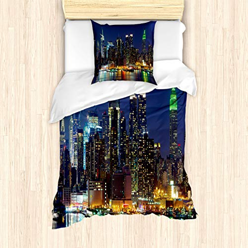 ABAKUHAUS New York Bettbezug Set für Einzelbetten, NYC Midtown Skyline, Milbensicher Allergiker geeignet mit Kissenbezug, Königsblau