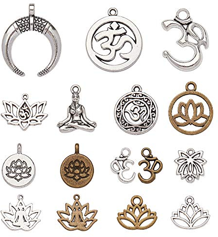 nbeads ca. 60-70 Stück Tibetischer Stil Anhänger, Antike Silber und Bronze OHM Charms OM Lotus Blumenstile Charms Anhänger Yoga Charms Für Schmuckherstellung Halskette Armband, Gemischte Farben