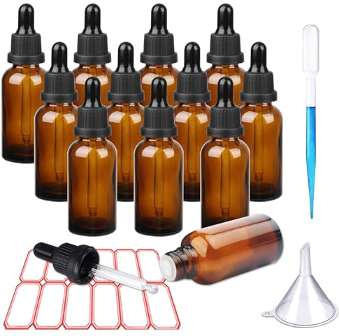 TUAKIMCE 12 x 30ml Amber Dropper Bottle, Glass Dropper Bottles with Dropper Pipettes, Small Sample Dropper Bottles Refillable with Funnels and Labels for Essential Oils, Aromatherapy