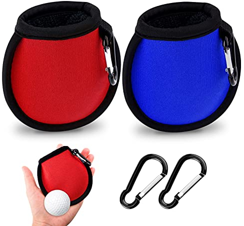 olyee 2 Pack Golf Ball Cleaner Pouch with Carabiner, Golf Accesorries Washer Pocket Waterproof Bag, Golf Ball Dry-Clean Pocket gifts for Men Ladies, Fit for Golf Carts Belt Golf Bag(Red+Blue)