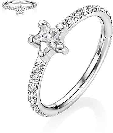 hengkaixuan 16G Helix Ohrringe Knorpel Daith Ring Chirurgenstahl Conch Hoop Ring 8mm mit Stern CZ Tragus Rook Ohrringe Septum Schmuck Silber Nasenringe Kleine Creolen für Damen Herren