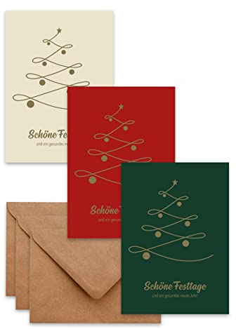 Weihnachtskarten mit Umschlag (15er Set) Baum Mix – hochwertige moderne Klappkarten & Umschläge (Kraftpapier) – partieller Goldlack – einzigartiges Design
