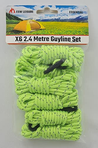 ESW LEISURE Guyline Ropes 6 Pack For Tents Awning Camping Strong Lightweight Paracord Guy Rope With Tensioner Guy Lines Fishing Umbrella Caravan Gazebo (Reflective Fluorescent, 2.4 Metre 6 Pack)
