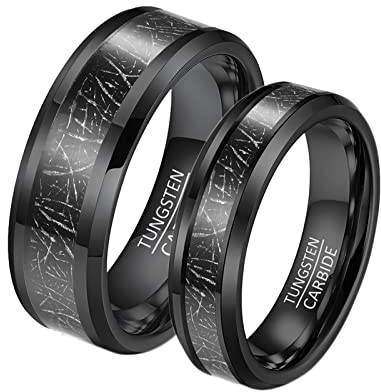 Wedding Couple Alliance, Wolframring für Männer und Frauen Größe 61,5 und 66,5 Schwarzer Ring mit 6 mm und 8 mm Metallic-Linie