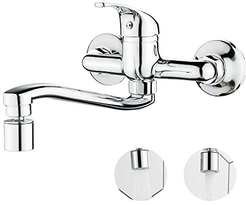 Maynosi Miscelatore Cucina Lavello Parete, Rubinetto Cucina con 2 Funzioni Spruzzatore, Lunga Bocca Girevole 360 Gradi, Compresi Accessori di Installazione, Ottone (Cromo)