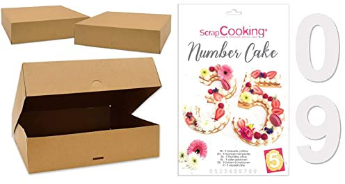 SCRAP COOKING - Lot de 2 Boites à Gâteaux - Carton Kraft Alimentaire Recyclable - 32 x 32 x 8 cm & Kit Moules Number Cake - Chiffres 0 à 9 - Hauteur 28 cm / 11 pouces - Avec Recettes - 3927