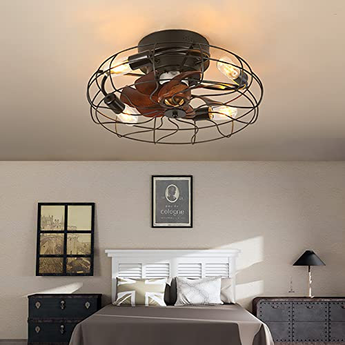 Dceinz Caged Ceiling Fan with Lights Silent LED Dimmable Iron Industrial Fan Chandeliers Ceiling Light 6speed Reversible Retro Ceiling Fan Chandelier for Living Room Restaurant Bedroom
