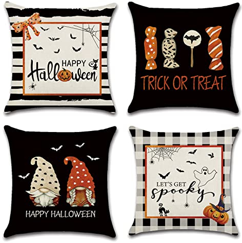 OCEUMACO Leinen Kissenbezug 50x50 Happy Halloween Kissenhülle 4er Set Sofakissen Dekokissen Bezug für Couch Schwarz Herbst Kürbis Muster Kissen Kissenbezüge Outdoor Deko Couchkissen Zierkissen