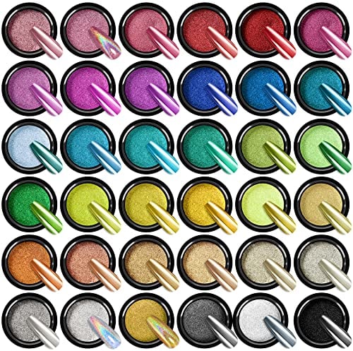 Saviland Chrome Nail Powder Set – 36 Farben Chrome Pulver Nägel Metallic Spiegel Effekt Laser Nail Art Pulver Perle Glitter Maniküre Dekoration Pulver mit Schwamm Sticks