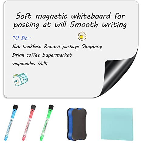 Magnetfolie Whiteboard Magnet, A4 Kühlschrank Magnettafel 21 * 30cm, Whiteboard Trocken Abwischbare Whiteboard-Folie mit 3 Markers 1 Radierer Haftnotizen für Planung von Mahlzeiten