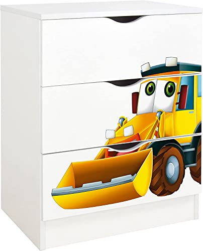 Leomark Weiß Kommode mit 3 Schubladen - Roma - Möbel für Kinderzimmer aus Holz, Skandinavischer Stil, Dim: 78 (Höhe) cm (Herr Bagger)