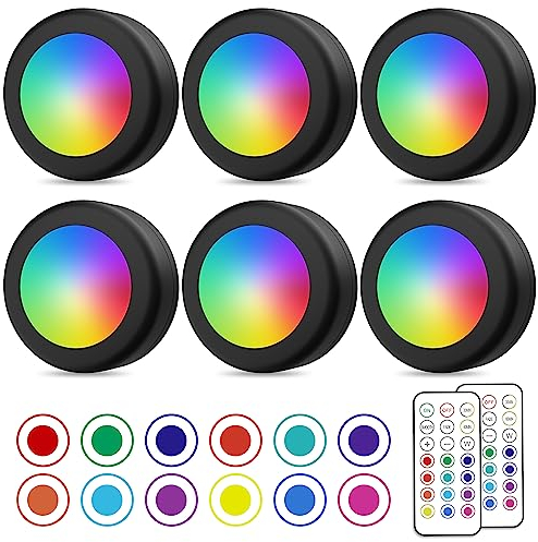 PURSNIC LED Puck Lights with 2 Remotes, Battery Operated Under Cabinet Lights, RGB Night Light with Timer, Brightness Adjustable Wireless LED Lights, 6 Pack