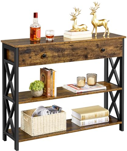 Yaheetech Table Console à 3 Niveaux Table d’entrée en Bois avec 1 Grand Tiroir et 2 Étagères Bout de Canapé Polyvalente Table Console de Salon Cuisine Chambre Couloir Brun Rustique