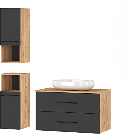 Planetmöbel Badmöbelset Waschtischunterschrank LUX 90 cm Gold Eiche/Anthrazit OHNE Waschbecken mit 2X Midischrank Gold Eiche/Anthrazit