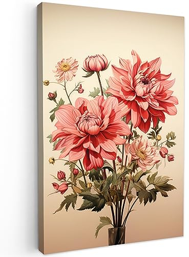 MuchoWow© Bilder Groß 80x120 cm XXL Wohnzimmer Deko Modern Wandbild Foto auf Leinwand Bild Schlafzimmer Room Decor Geschenke Vintage - Blumen - Rot - Beige - Pflanzen