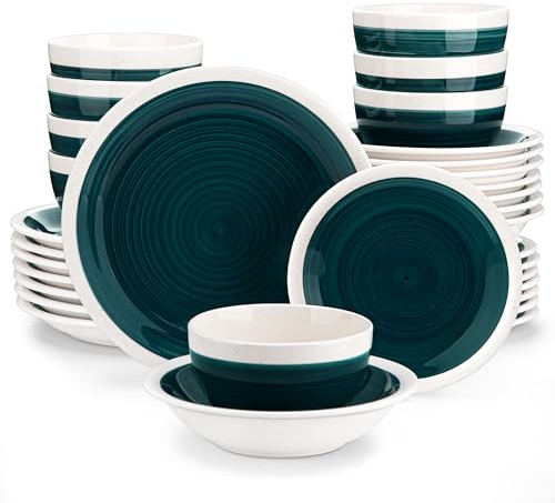 vancasso Ori Dinner Set for 8, Stoneware Dinner Sets Handpainted Tableware, 32-Piece Green Dinnerware Set with Dinner Plate/Dessert Plate/Pasta Bowl/Cereal Bowl, Rustic Chic Style