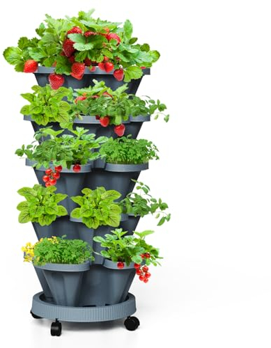 Tectsia Vertikale Erdbeer-Pflanzgefäße, 5-stöckig, stapelbarer Turm, Garten, stapelbare Kräuter-Gemüse-Pflanzgefäße mit beweglichen Rollen und unterer Untertasse, für drinnen und draußen, Dunkelgrau
